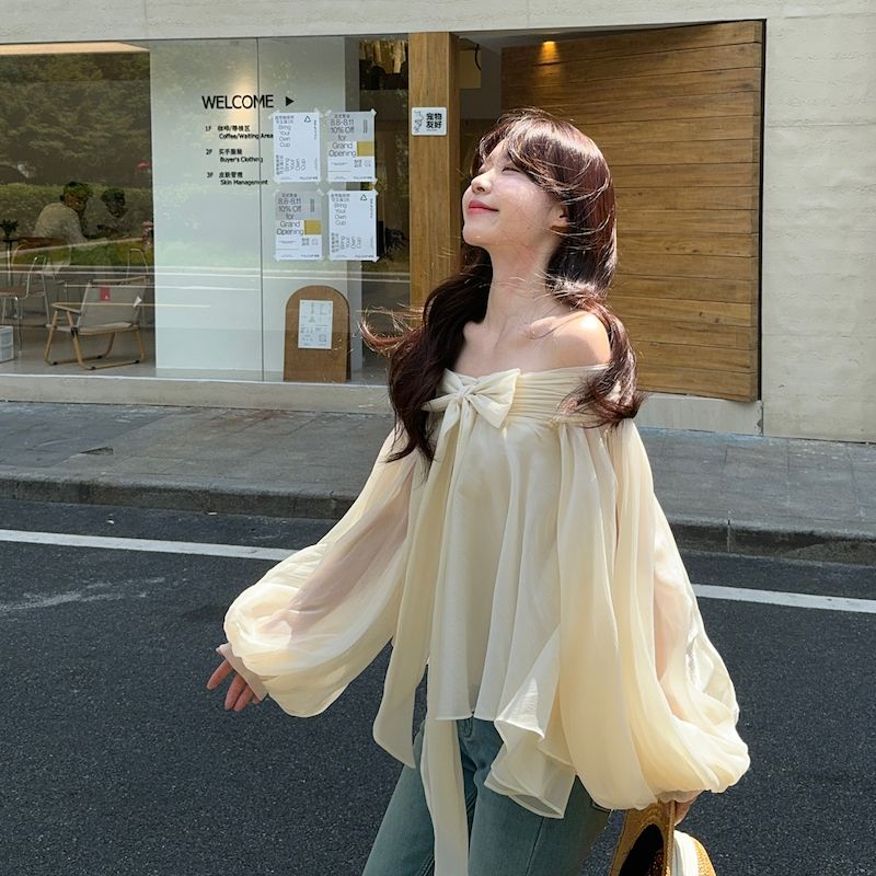 Off Shoulder Top - Camicia da donna stile francese con