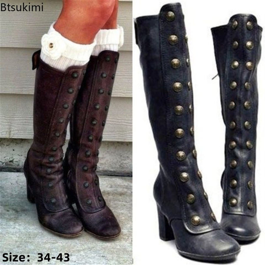 Women'S Fashion Knee High Boots - Stivali Neri Retrò con Borchie alla