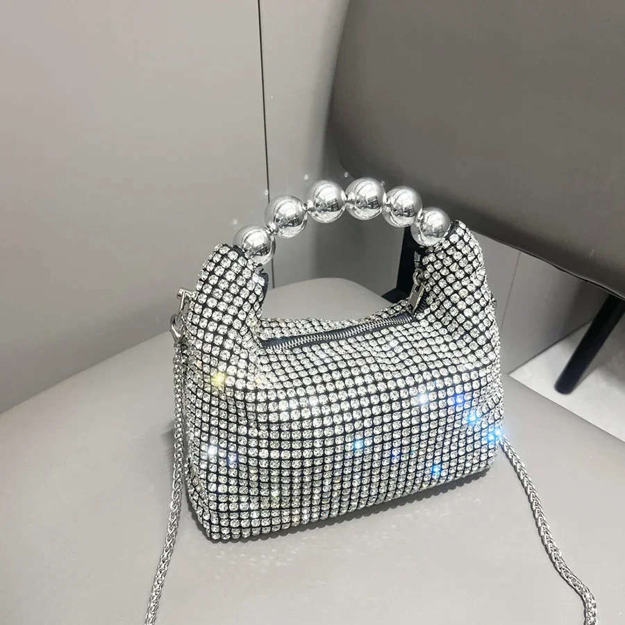 Women'S Fashion Boutique - Pochette con strass argento lucido Borse